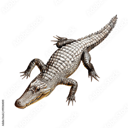 A detailed illustration of a crocodile, showcasing its unique features, scales, and texture, displayed on a white isolated background for clear visibility. photo