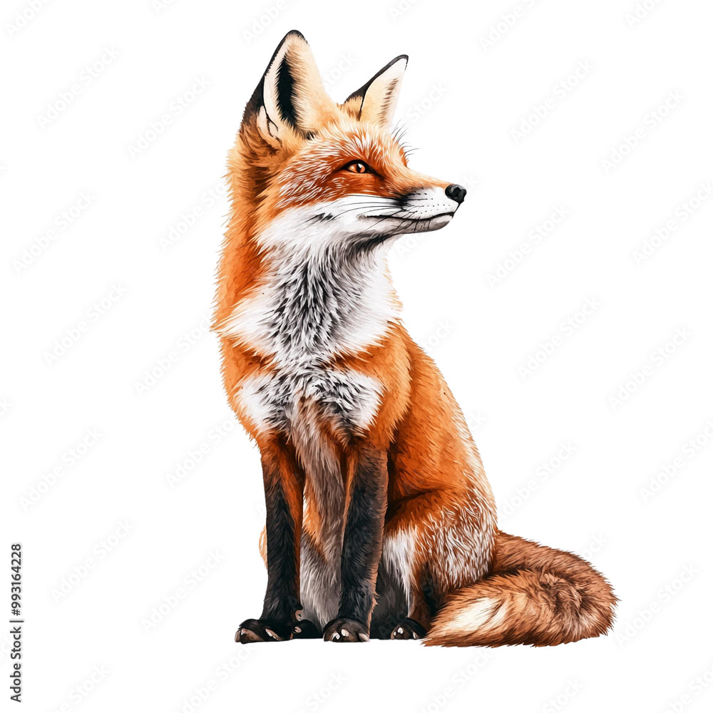 Obraz premium A detailed illustration of a sitting fox, showcasing its vibrant fur and keen expression. Ideal for wildlife themes and nature-related projects on a white isolated background.