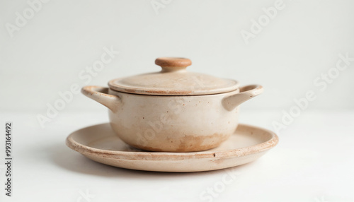 Minimalist earthenware casserole centered, highlighting its handmade design for advertising.