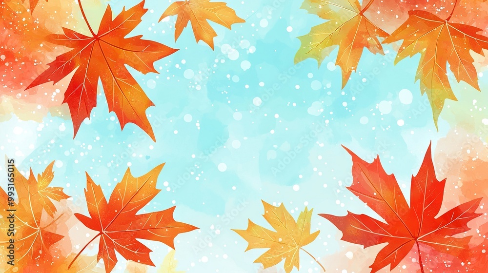 A cluster of maple leaves gliding in the atmosphere against a cerulean backdrop with snowfall beneath A cluster of maple leaves gliding in the atmosphere against a cerulean backdrop with snowfall beneath