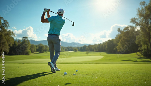 Golfer poised for a swing on a sunny fairway, exuding confidence and focus.