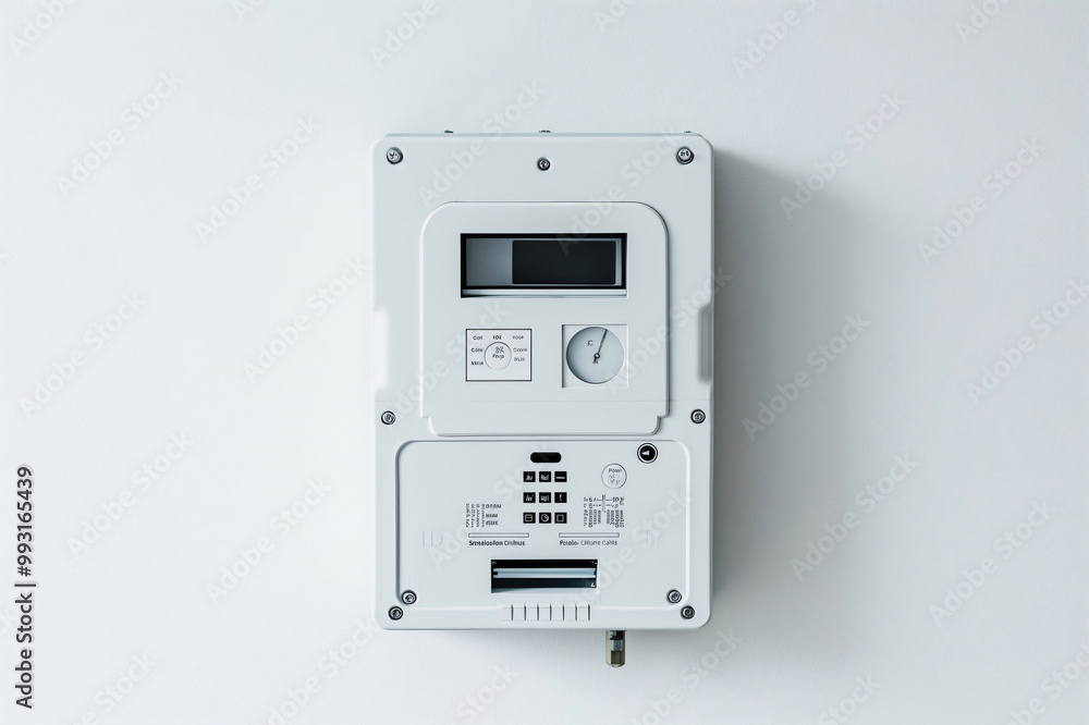Modern electric meter is attached to a white wall, displaying energy usage data Modern electric meter is attached to a white wall, displaying energy usage data