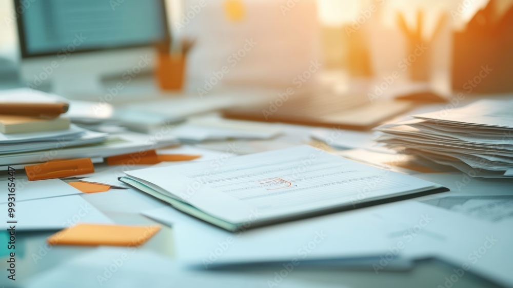 A workspace featuring scattered papers, notes, and a computer, illuminated by warm light, conveying a busy office atmosphere. A workspace featuring scattered papers, notes, and a computer, illuminated by warm light, conveying a busy office atmosphere.