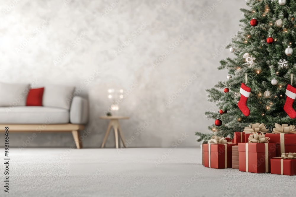 Festive living room with decorated Christmas tree and neatly wrapped presents under it Festive living room with decorated Christmas tree and neatly wrapped presents under it