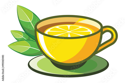 Cup of tea with lemon illustration on white background.