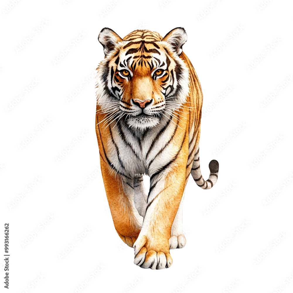 Obraz premium A majestic tiger walking confidently, showcasing its powerful physique and striking striped coat against a white background, embodying the essence of wild beauty.