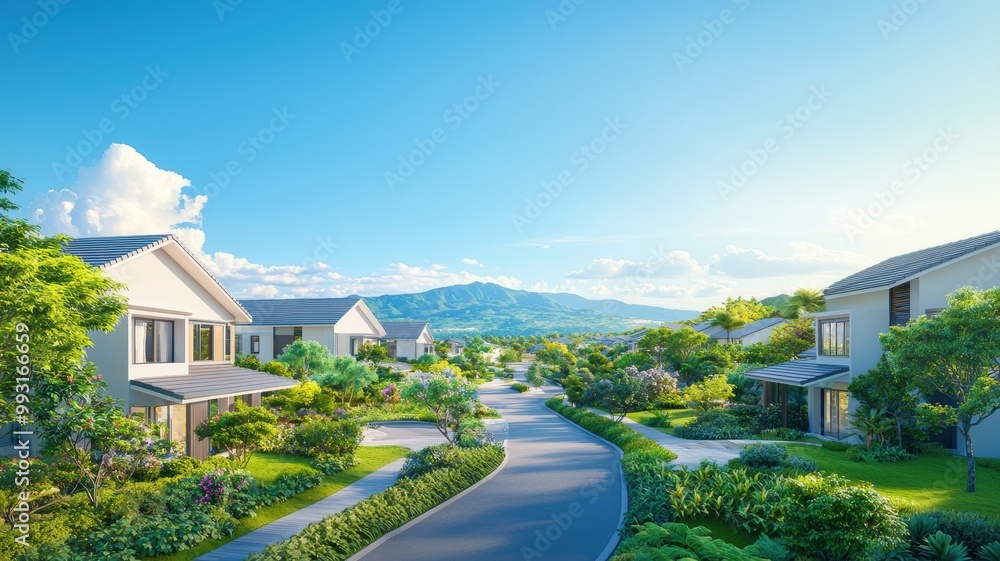 Beautiful residential neighborhood with modern houses, lush greenery, and a clear blue sky, perfect for serene living. Beautiful residential neighborhood with modern houses, lush greenery, and a clear blue sky, perfect for serene living.