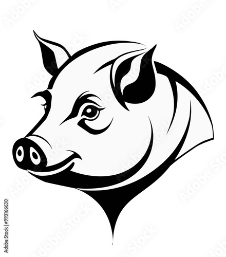 Pig, farm animal, black and white, isolated logo or symbol. Can be used as emblem or mascot for sports or other products