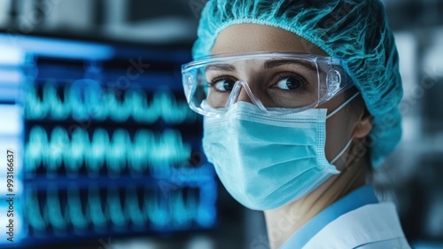 Lab technician studying snake-derived proteins in serum vials, molecular structures displayed on monitors, showcasing advanced medical research