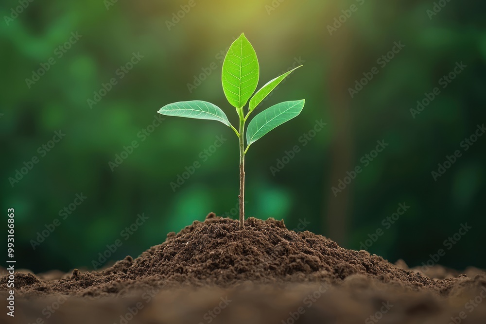 Fototapeta premium Fresh green sprout emerging from rich soil, symbolizing growth and new beginnings in nature.