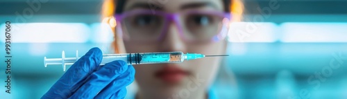 Close-up of a researcher handling a syringe filled with snake serum, lab equipment in the background, highlighting modern biotech innovations photo