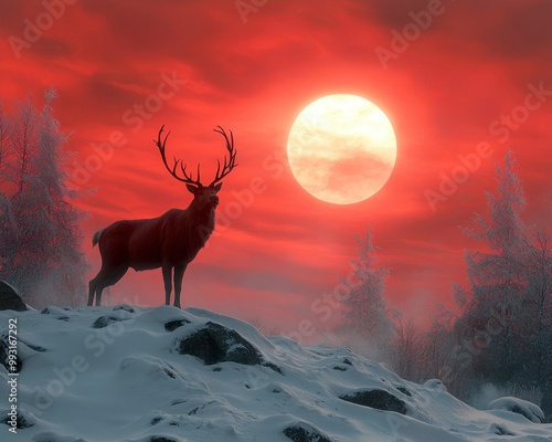 Majestic stag standing in snow under a vibrant sunset sky with a full moon. photo