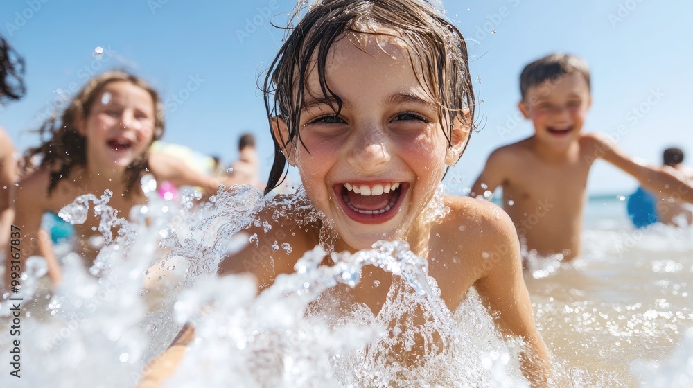 A joyful child splashes in the water at the beach, surrounded by friends, capturing the essence of summer fun. A joyful child splashes in the water at the beach, surrounded by friends, capturing the essence of summer fun.