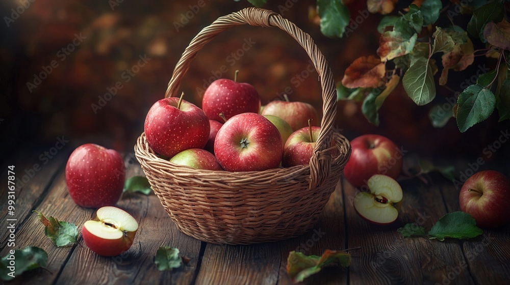 Red apples in a wicker basket on wooden table beside leaves and leafy branch Red apples in a wicker basket on wooden table beside leaves and leafy branch