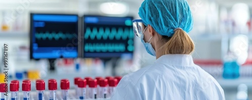 Lab technician preparing a venom-derived serum for treatment, with test tubes and monitors displaying patient data, representing advanced healthcare research