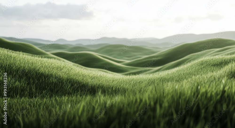 Obraz premium Lush green hills with rolling landscapes under a clear sky at dawn