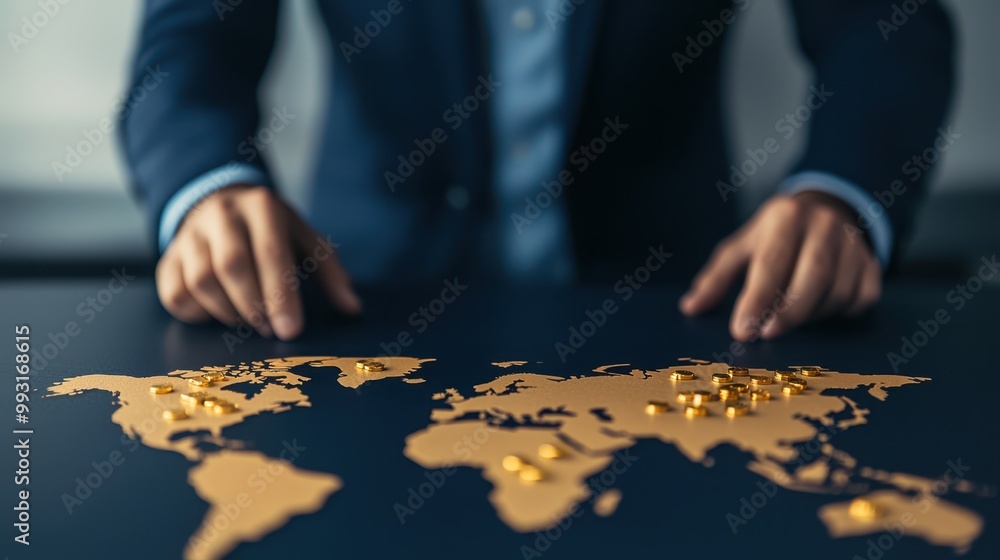 Strategizing International Trade: Business Professional Analyzing World Map with Gold Bars, Concept of Precious Metal Commerce Strategizing International Trade: Business Professional Analyzing World Map with Gold Bars, Concept of Precious Metal Commerce