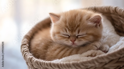 Adorable orange kitten peacefully sleeping in a woven basket, capturing a perfect moment of feline tranquility and coziness.