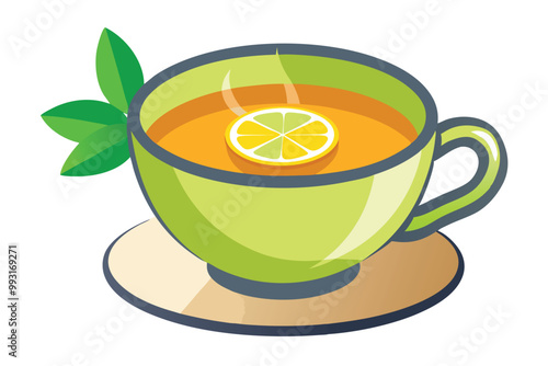 Cup of tea with lemon illustration on white background.