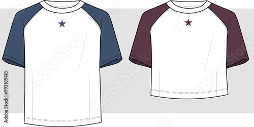 unisex men's and women's Raglan Sleeve Tee Shirt fashion flat technical drawing template. Slit T-Shirt technical fashion illustration. star shirt print.
