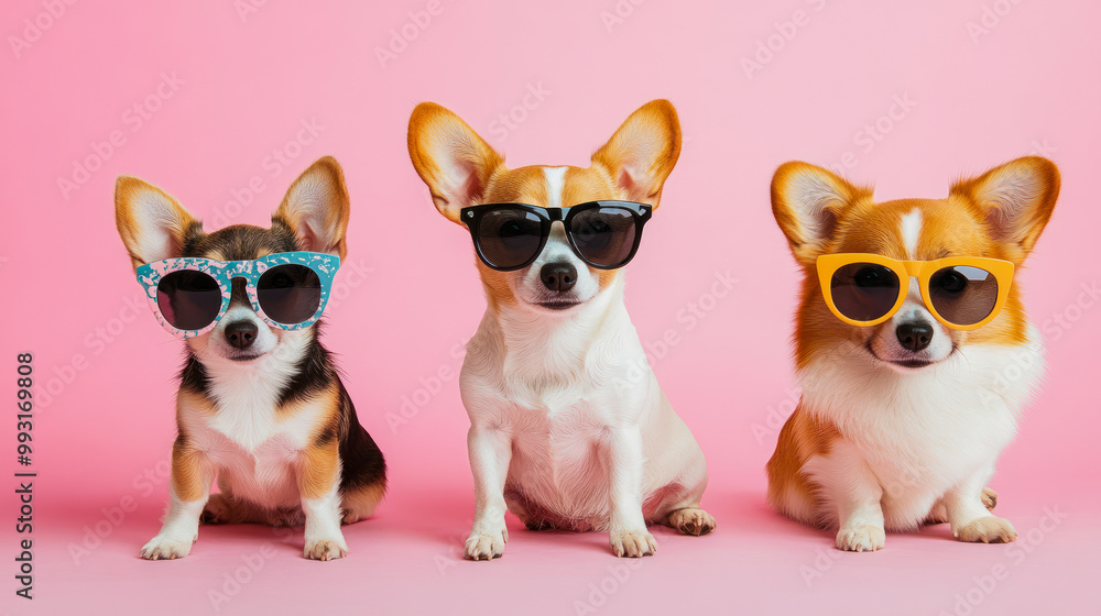Three funny dogs wearing sunglasses on pink background. Grooming, vacation, optics store, pet shop, travel trendy banner. New eyewear collection, sale, special offer. Glamour dogs in sunglass Three funny dogs wearing sunglasses on pink background. Grooming, vacation, optics store, pet shop, travel trendy banner. New eyewear collection, sale, special offer. Glamour dogs in sunglass