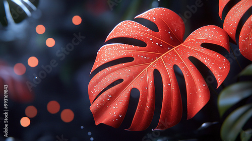   A zoomed-in photo of a scarlet foliage with droplets of water on it and a fuzzy backdrop of verdant foliage photo