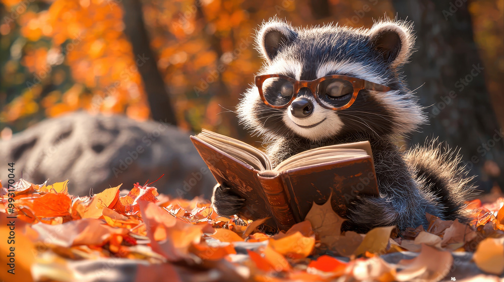A raccoon wearing glasses, reading a book among colorful autumn leaves, showcasing a playful and whimsical scene. A raccoon wearing glasses, reading a book among colorful autumn leaves, showcasing a playful and whimsical scene.