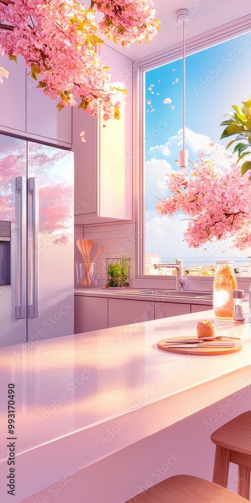 Bright kitchen with pink flowers, modern appliances, and scenic view, ideal for tranquil living spaces. Bright kitchen with pink flowers, modern appliances, and scenic view, ideal for tranquil living spaces.