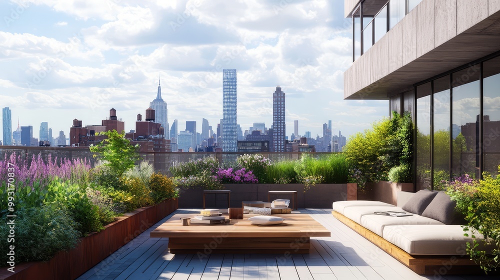 Fototapeta premium Stylish urban loft with a rooftop garden and city skyline view in the heart of a bustling city