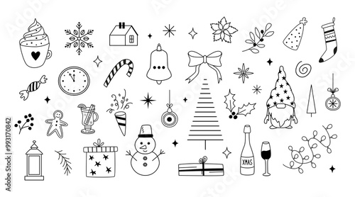 Christmas and New Year linear icons and doodles. Hand-drawn festive line art. Outline sketch isolated on white background. Winter holidays season.