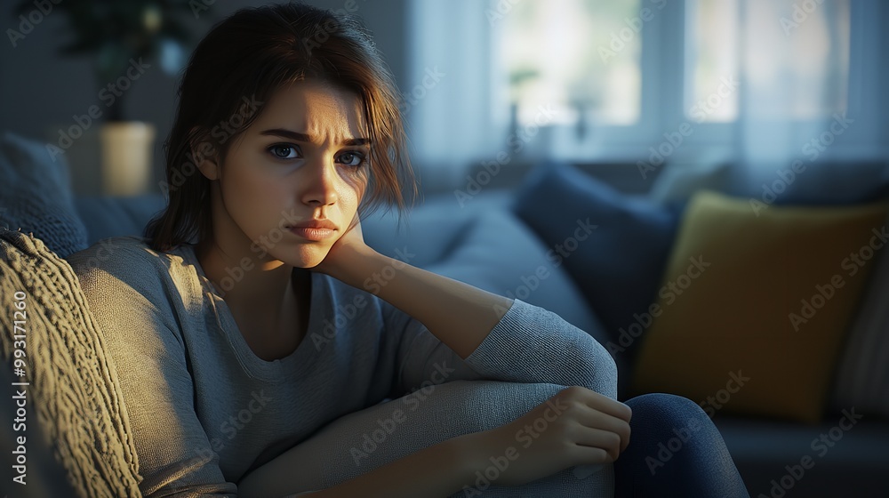 Serious pensive young woman thinking on a sofa set
Serious pensive young woman thinking on a sofa set