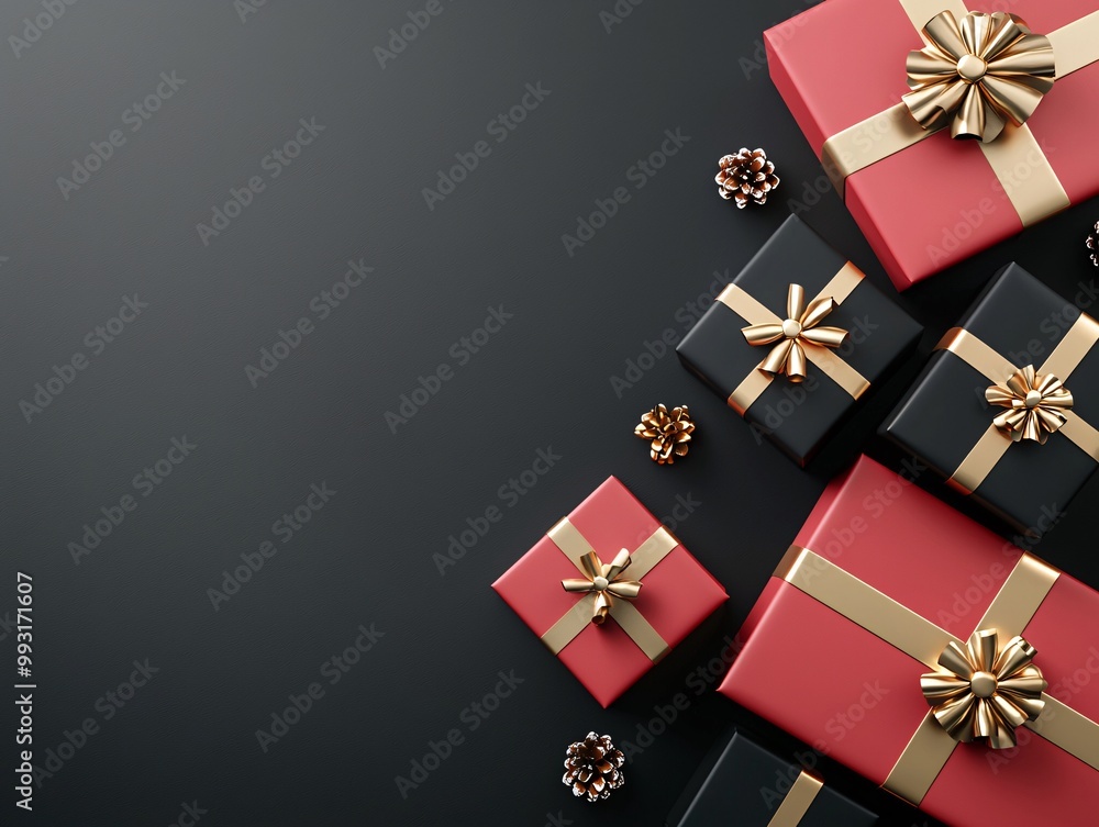Red and black Christmas gift boxes with golden ribbons, 3D illustration Red and black Christmas gift boxes with golden ribbons, 3D illustration