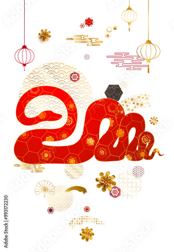 Chinese new year 2025, lunar year of Snake. Red, gold symbols with zodiac Snake illustrations, greeting traditional Chinese vector designs with horoscope snakes, Happy New Year geometric modern vector