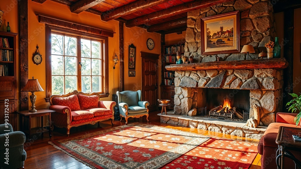 Rustic living room with a stony fireplace, antique furniture, and warm light, cozy and inviting atmosphere
