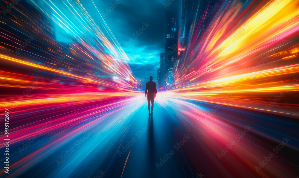 Lone figure in a tunnel of glowing lights with cosmic and ethereal atmosphere Lone figure in a tunnel of glowing lights with cosmic and ethereal atmosphere