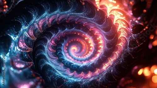  A spiral of varying hues appears on an image created by computer technology, featuring shades of blue, pink, and orange against a softly blurred backdrop of light sources