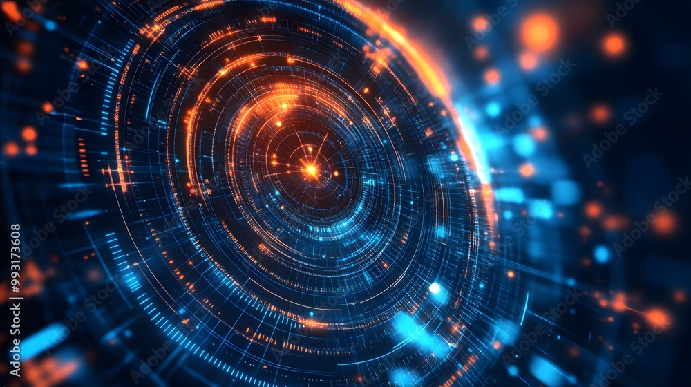 Obraz premium Abstract Digital Sphere with Blue and Orange Glowing Lines