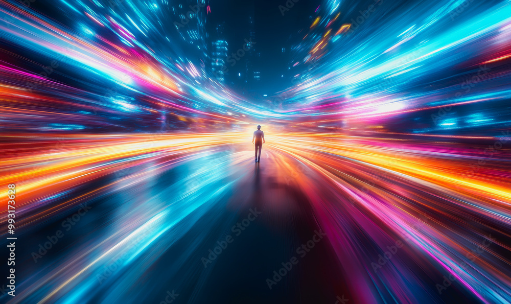 Person in a vast tunnel of vibrant light streaks, cosmic exploration and mystery Person in a vast tunnel of vibrant light streaks, cosmic exploration and mystery