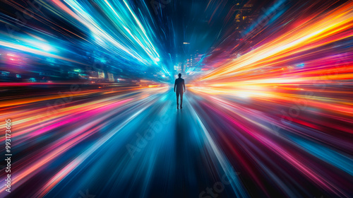 Person in a vast tunnel of vibrant light streaks, cosmic exploration and mystery