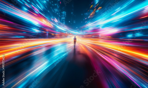 Person in a vast tunnel of vibrant light streaks, cosmic exploration and mystery