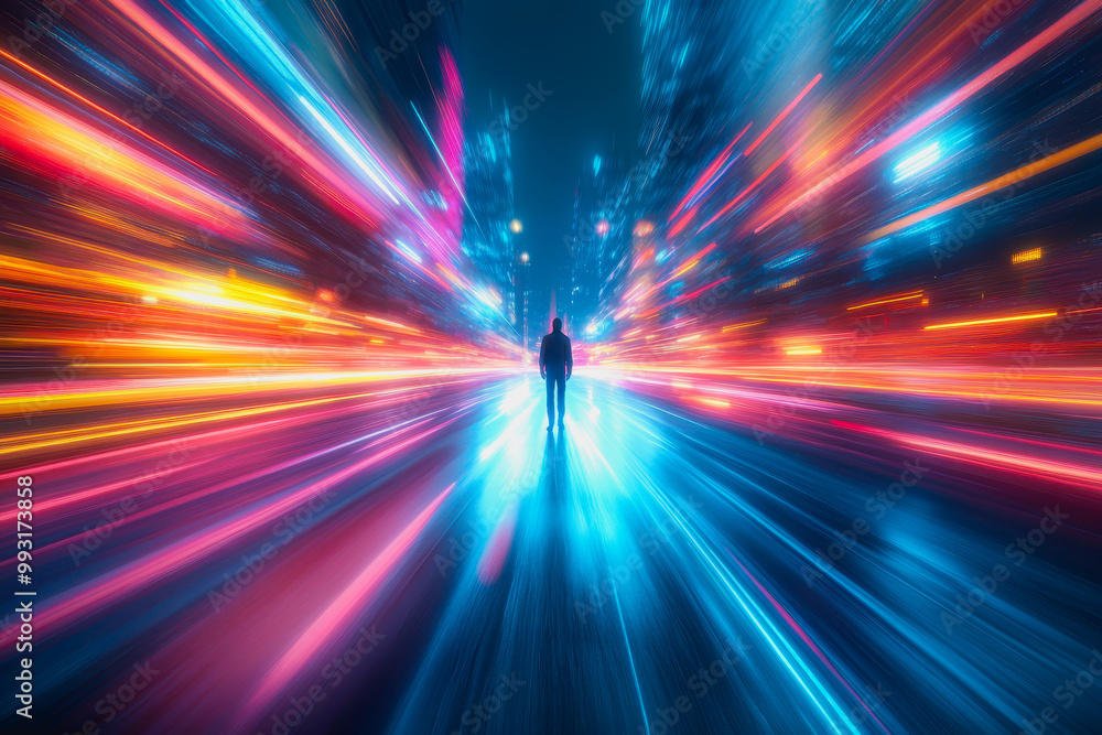 Person in a vast tunnel of vibrant light streaks, cosmic exploration and mystery Person in a vast tunnel of vibrant light streaks, cosmic exploration and mystery