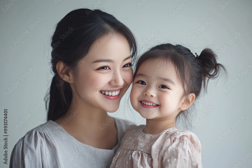 Young Chinese mother and cute daughter interacting and smiling in front of a plain background, dressed in simple Uniqlo clothes, during a family photo portrait shoot.