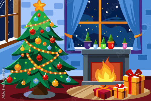 Cozy Christmas Eve Interior with Decorated Tree and Fireplace