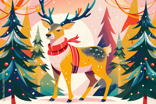 Colorful Winter Wonderland with Majestic Reindeer Illustration