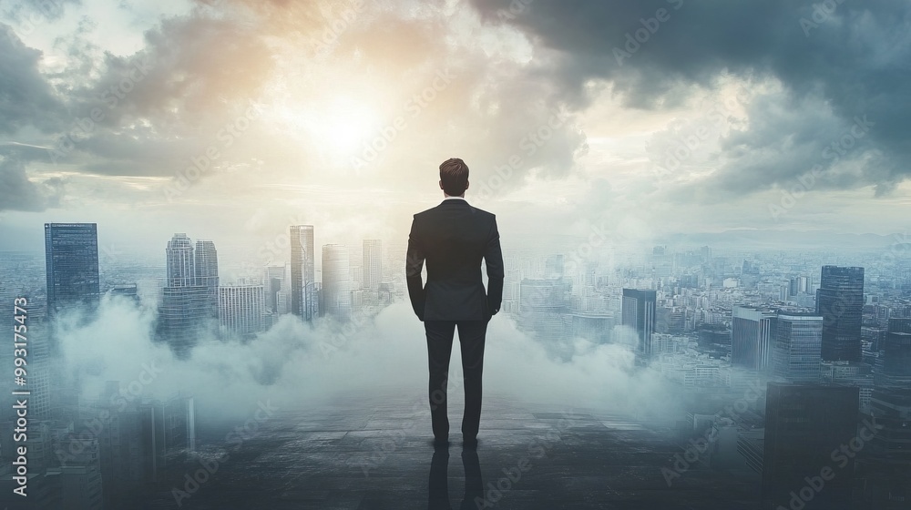 Silhouette of Businessman Standing in Urban Cityscape with Skyscrapers Silhouette of Businessman Standing in Urban Cityscape with Skyscrapers
