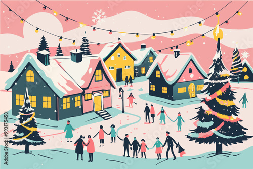 Winter Village Scene with Festive Decorations and Snowy Activities
