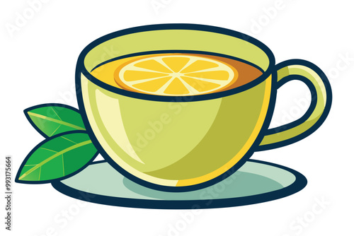 Cup of tea with lemon illustration on white background.