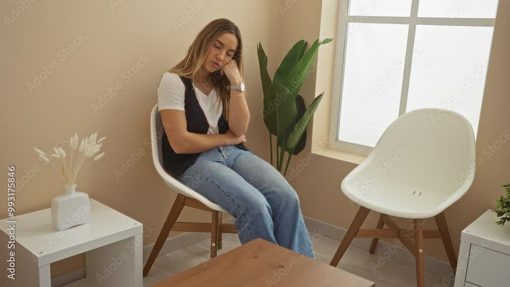 A young beautiful blonde caucasian woman sits in a waiting room indoors, appearing thoughtful and relaxed amidst minimalistic decor with white chairs and green plants by the window. A young beautiful blonde caucasian woman sits in a waiting room indoors, appearing thoughtful and relaxed amidst minimalistic decor with white chairs and green plants by the window.