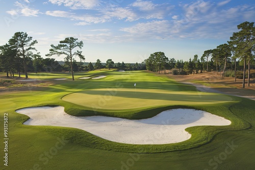 A medium shot of a golf course with a beautiful putting green