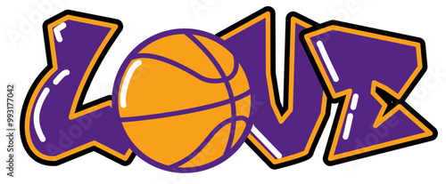 Love - Basket - yellow, purple and and black with ball basketball, sport vector graphics for street art - graffiti lettering typography - art illustration - multicolor - writen Word -		